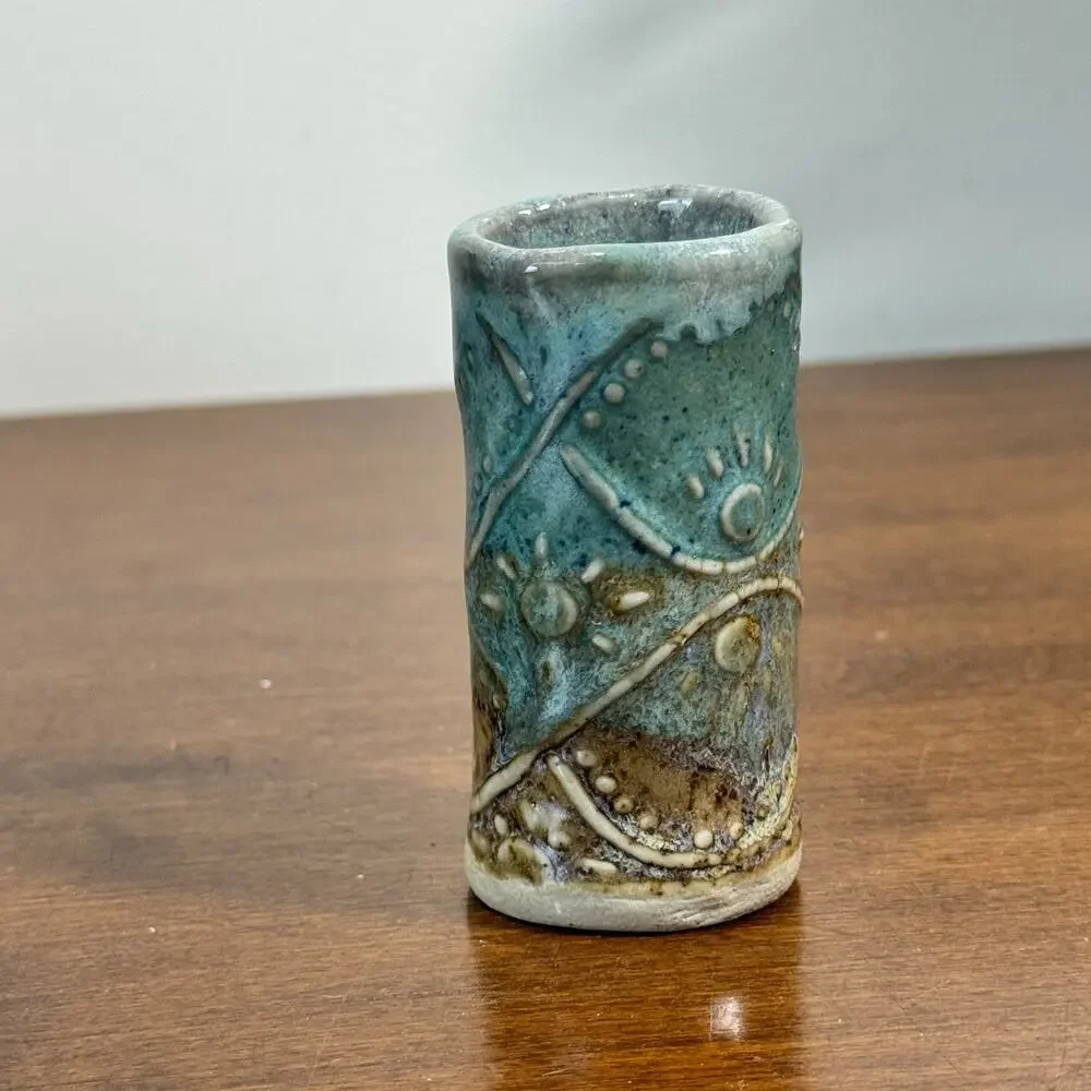 Signed AW Studio Pottery Mini Bud Vase Blue Green Stoneware Toothpick Holder